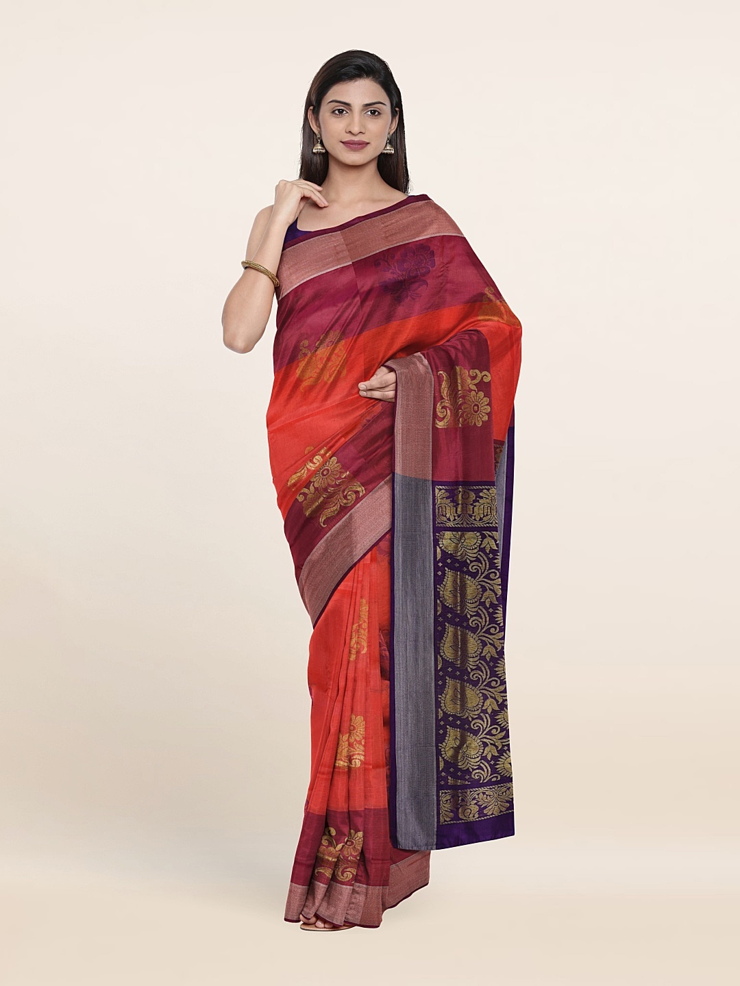 

Pothys Orange & Blue Ethnic Motifs Zari Pure Silk Saree