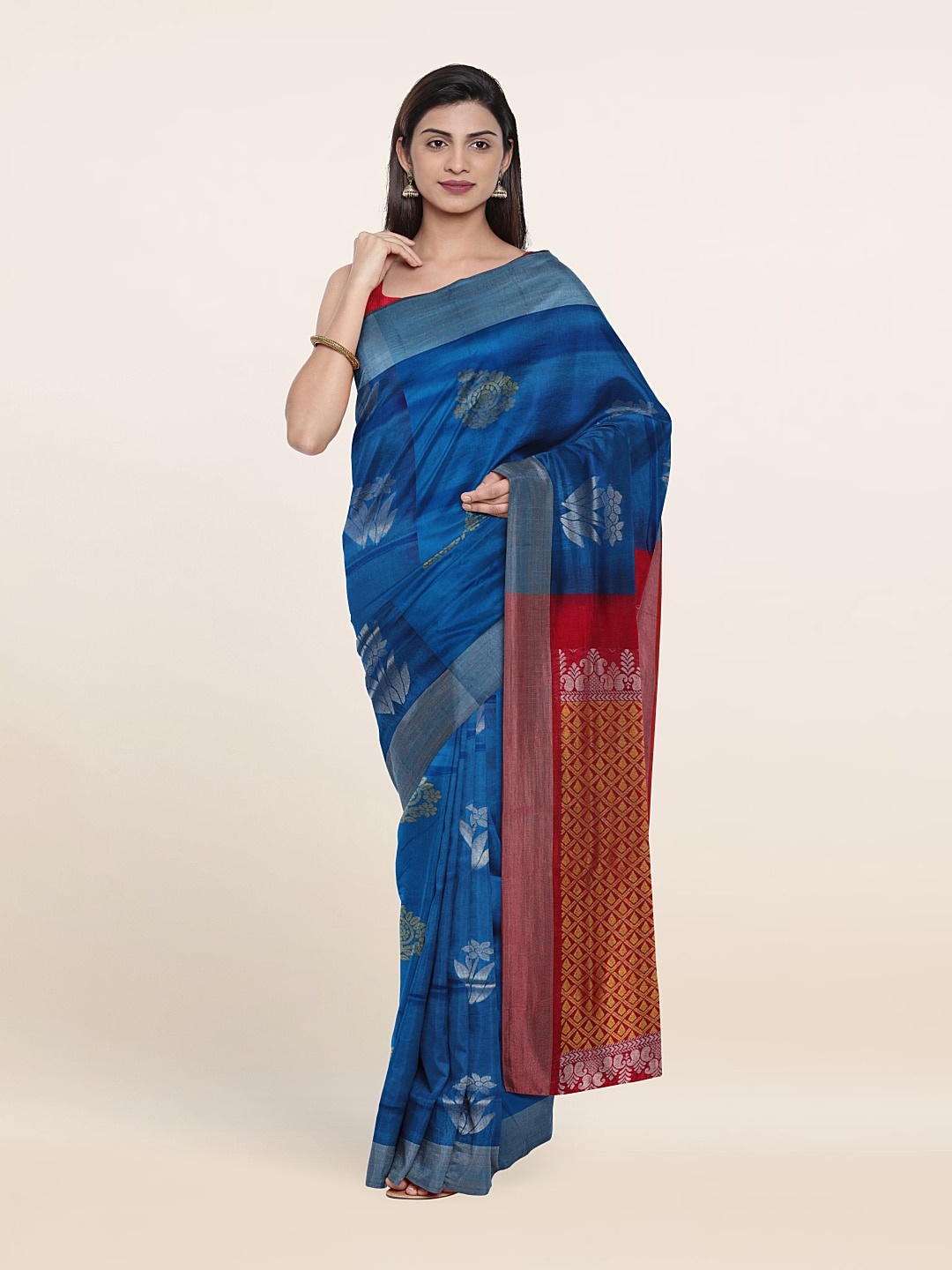 

Pothys Blue & Red Ethnic Motifs Zari Pure Silk Saree
