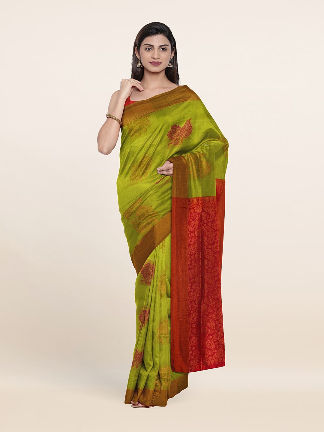 

Pothys Lime Green & Orange Woven Design Zari Pure Silk Saree