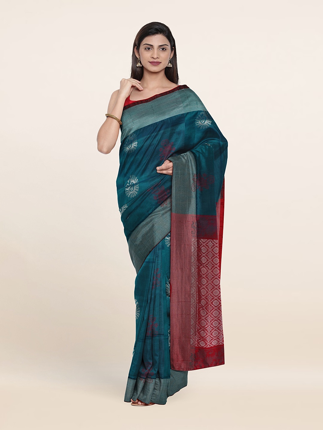 

Pothys Teal & Red Woven Design Zari Pure Silk Saree
