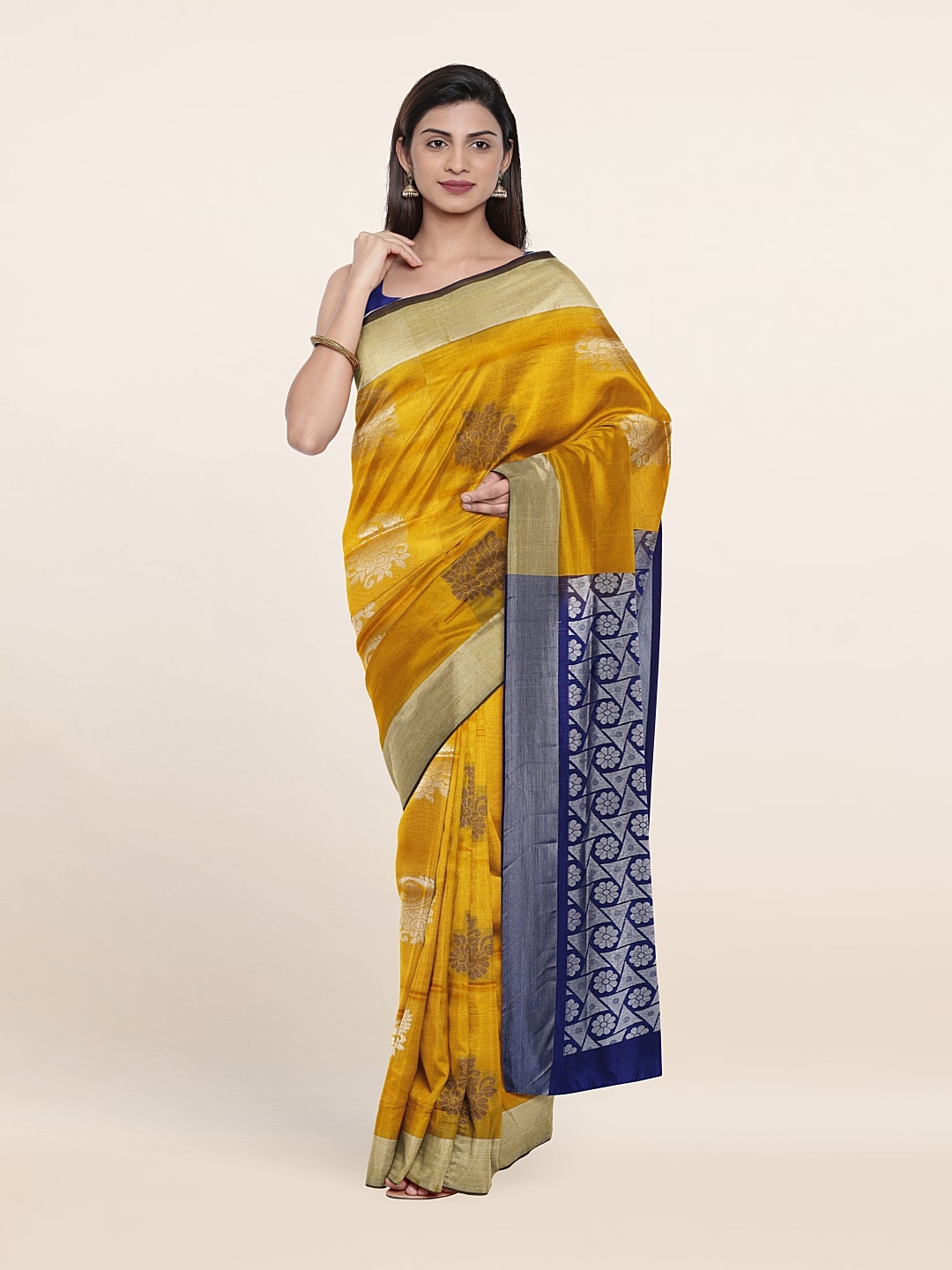 

Pothys Yellow & Navy Blue Woven Design Zari Pure Silk Saree