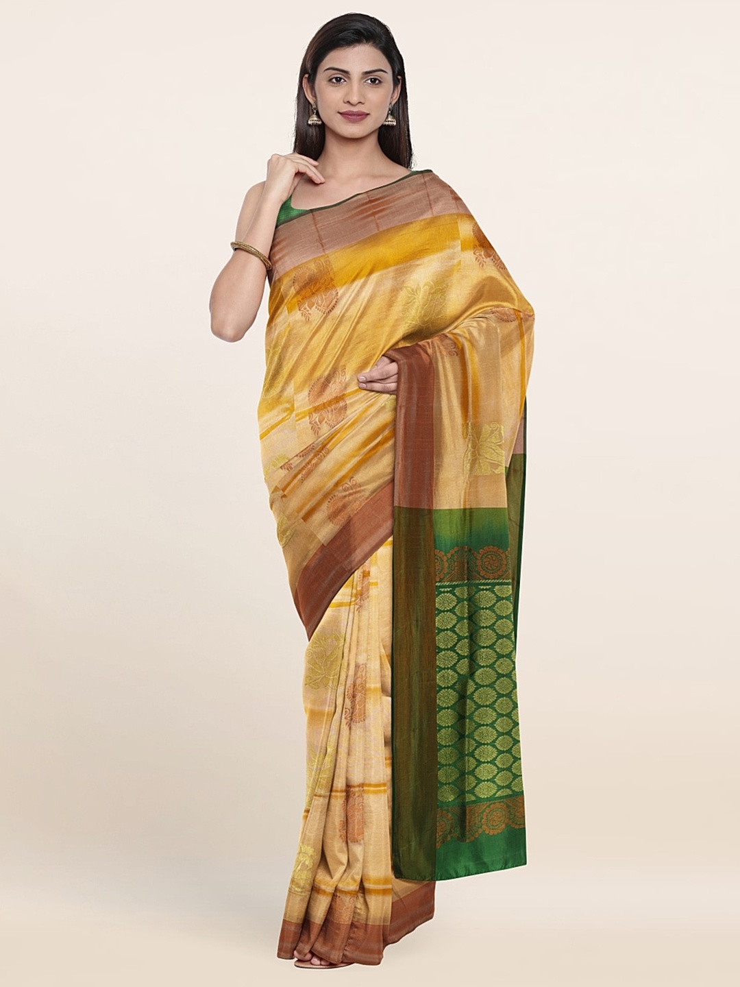 

Pothys Peach-Coloured & Green Woven Design Zari Pure Silk Saree
