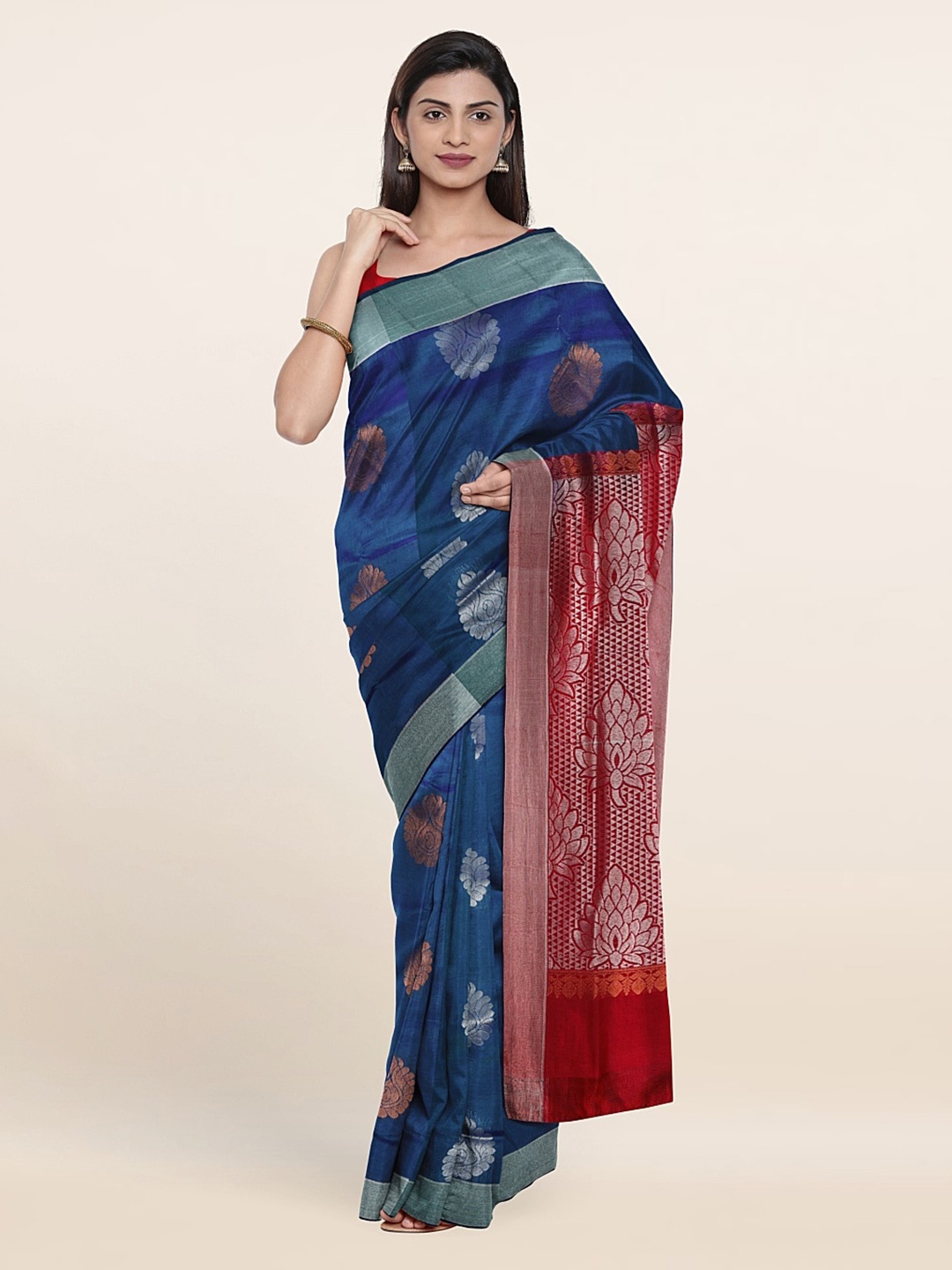 

Pothys Blue & Red Woven Design Zari Pure Silk Saree
