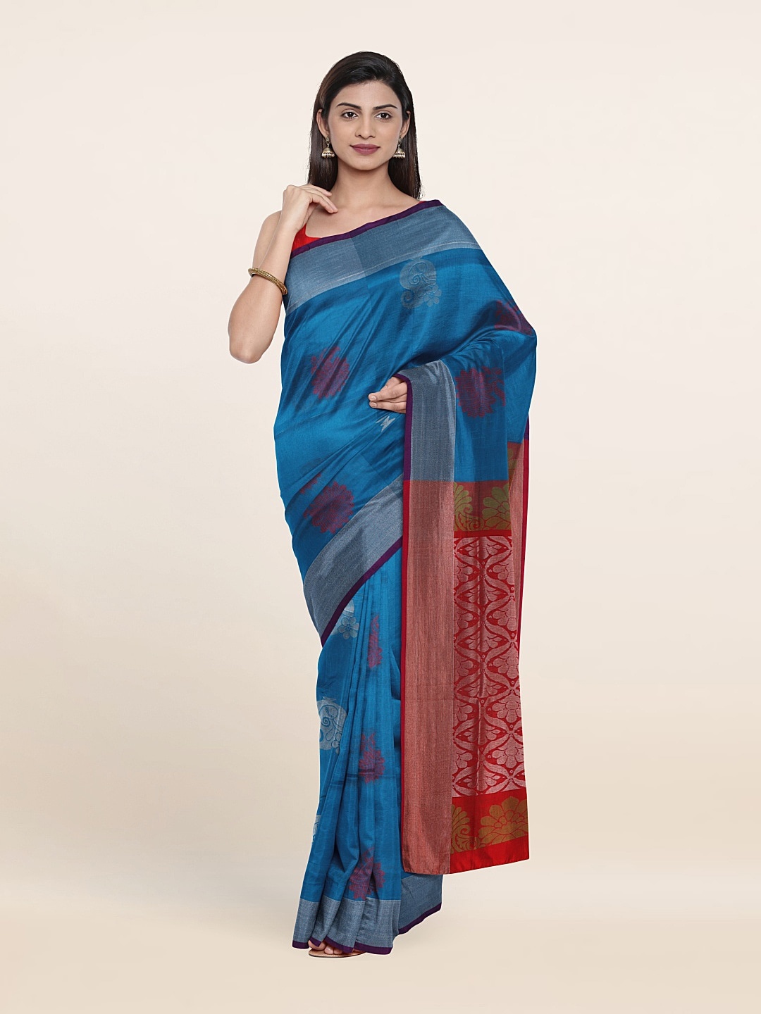 

Pothys Blue & Red Woven Design Zari Pure Silk Saree