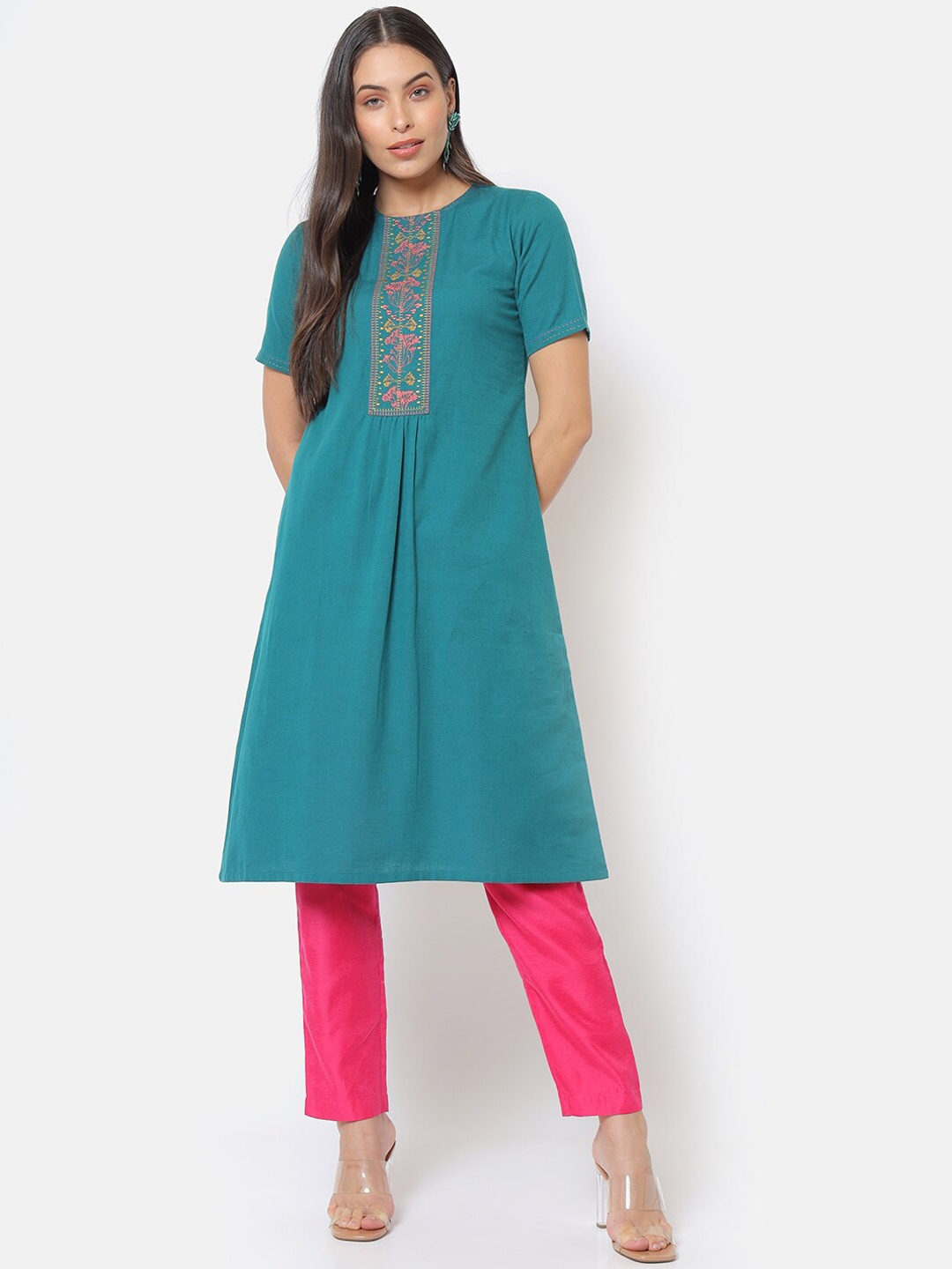 

Saaki Women Teal Yoke Design Thread Work A-Line Kurta
