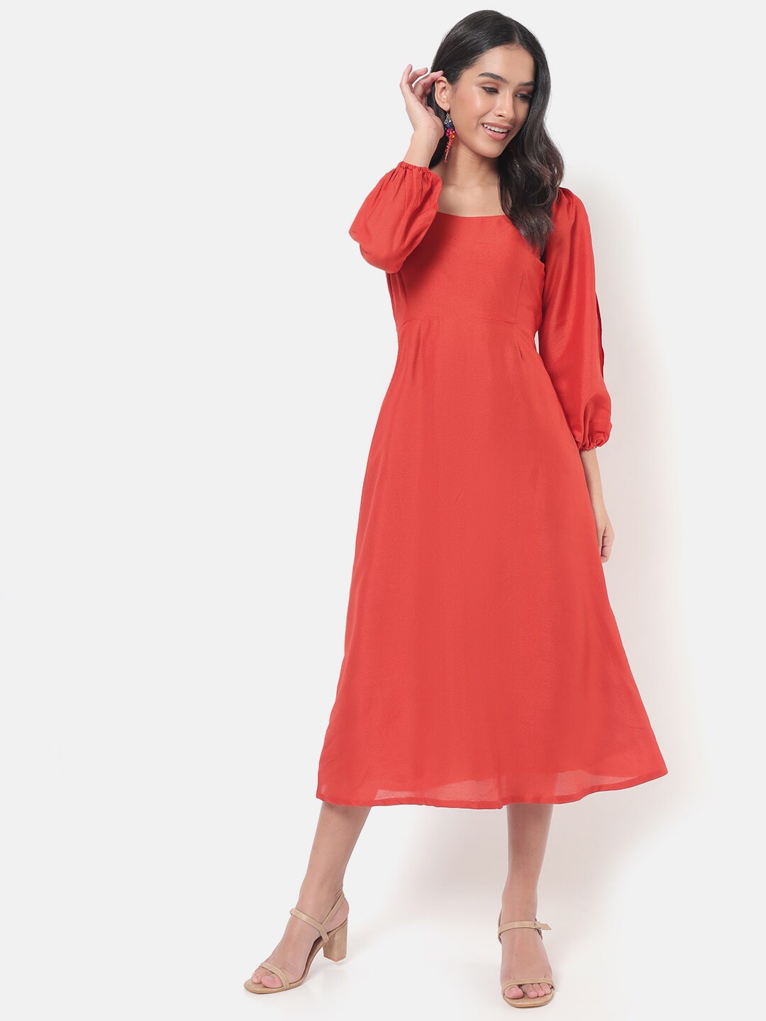 

Saaki Red Slit Sleeves A-Line Midi Dress