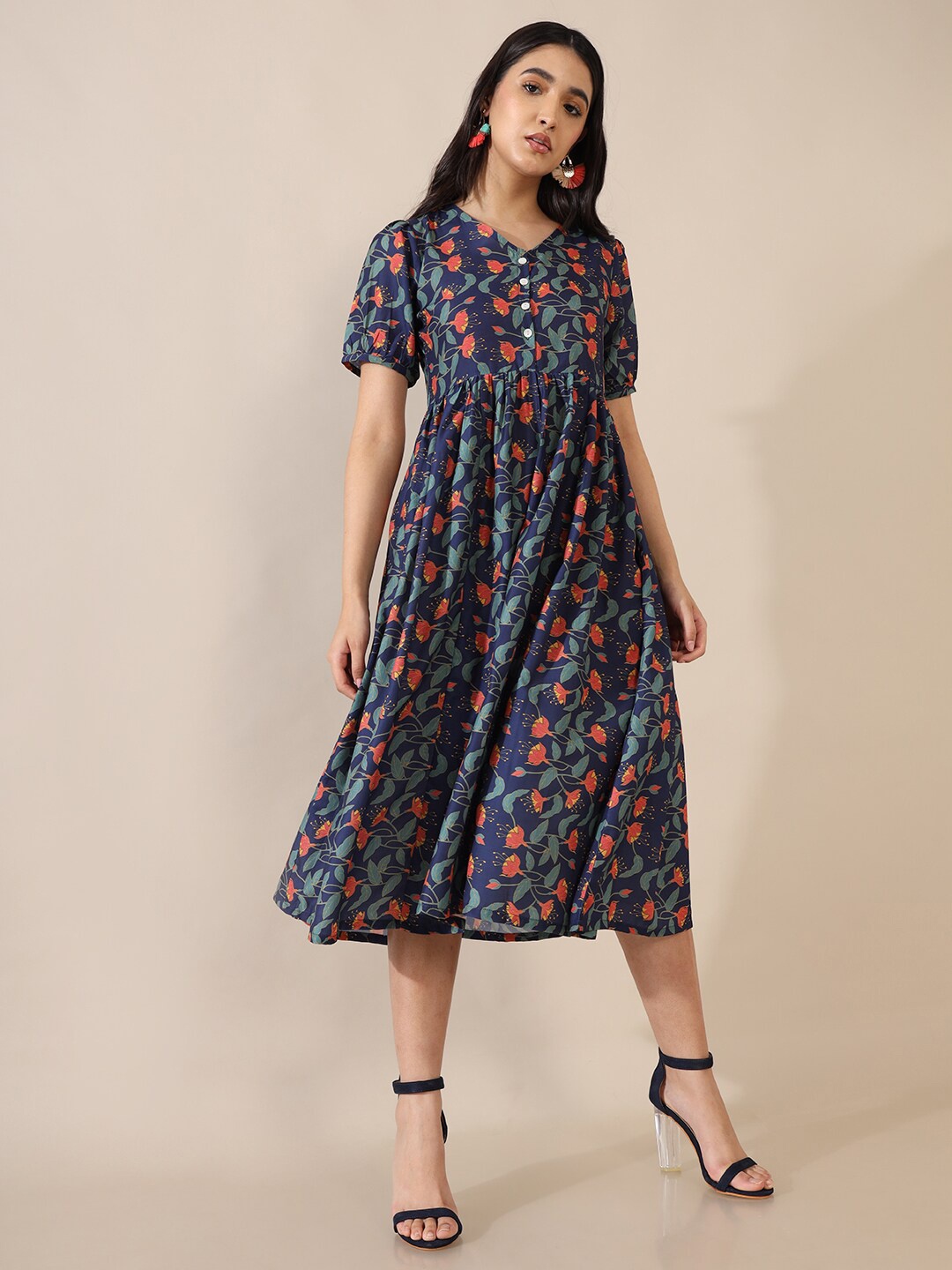 

Saaki Navy Blue & Peach-Coloured Floral Printed Midi Dress