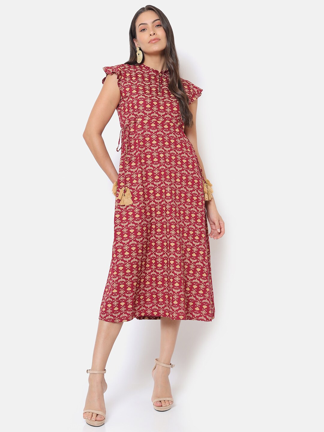 

Saaki Maroon Floral Keyhole Neck A-Line Dress