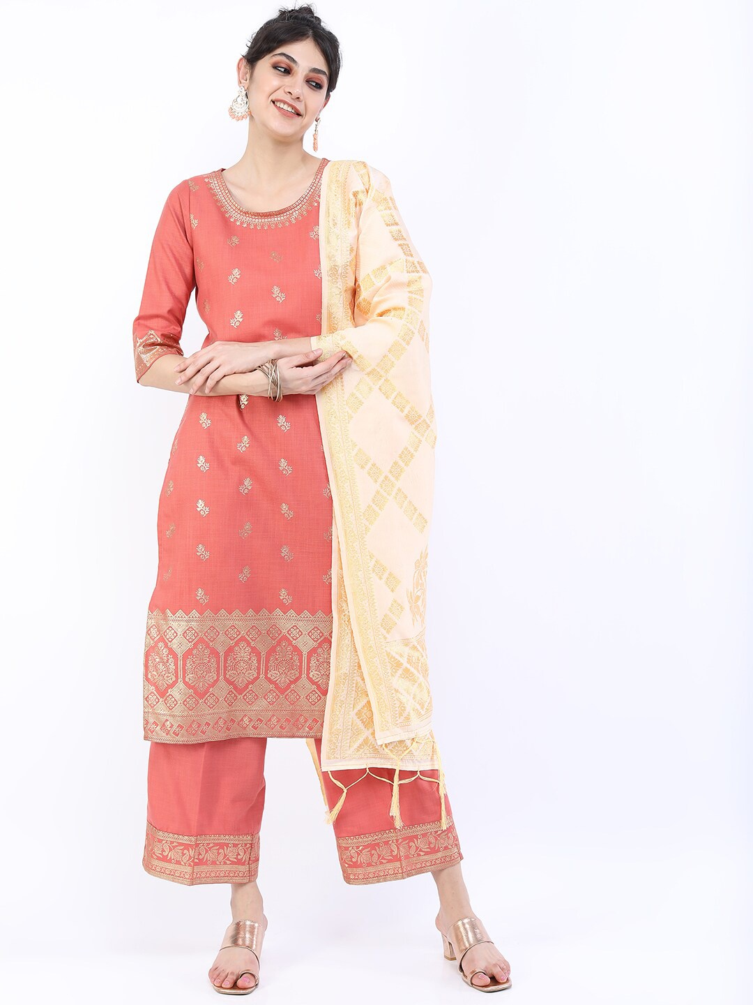 

Vishudh Women Coral Floral Printed Kurta with Palazzos & With Dupatta