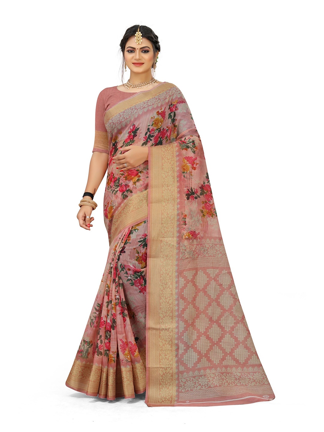 

KALINI Pink & Gold-Toned Floral Art Silk Mysore Silk Saree