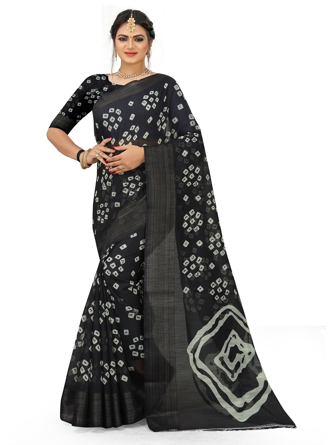 

KALINI Black & White Bandhani Zari Art Silk Mysore Silk Saree