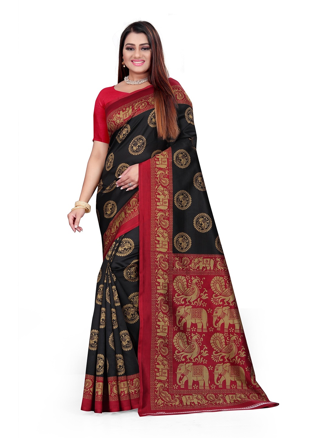 

KALINI Black & Red Ethnic Motifs Art Silk Mysore Silk Saree
