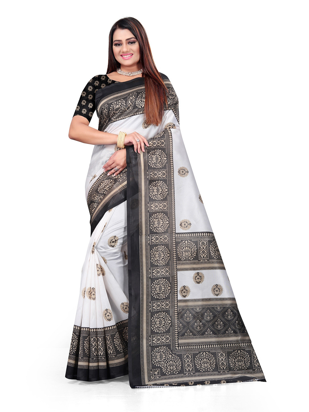 

KALINI White & Black Ethnic Motifs Art Silk Mysore Silk Saree