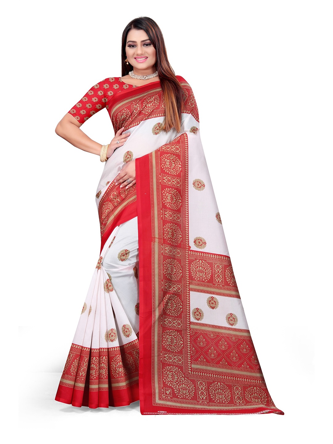 

KALINI White & Red Ethnic Motifs Art Silk Mysore Silk Saree
