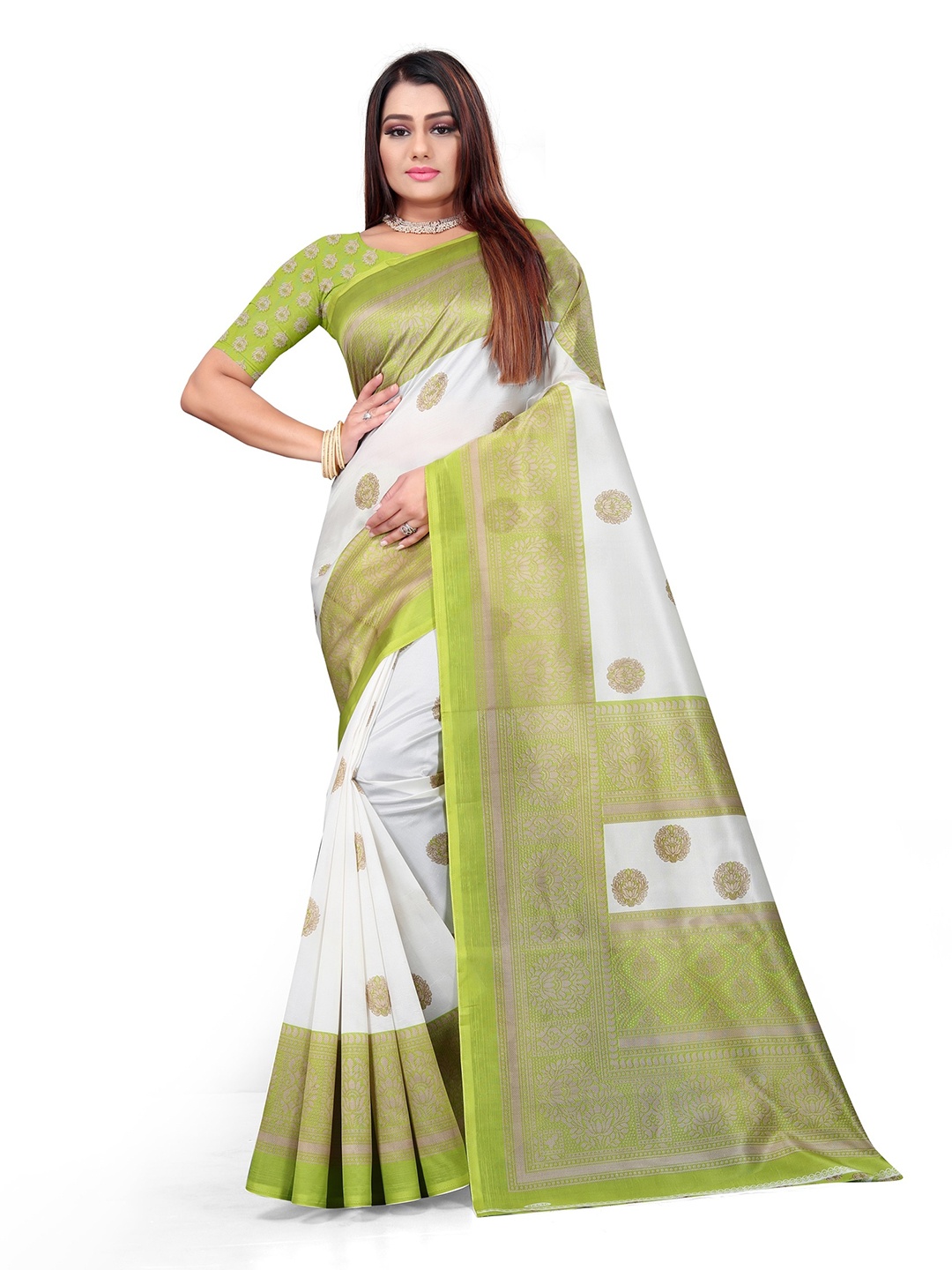 

KALINI White & Green Ethnic Motifs Art Silk Mysore Silk Saree