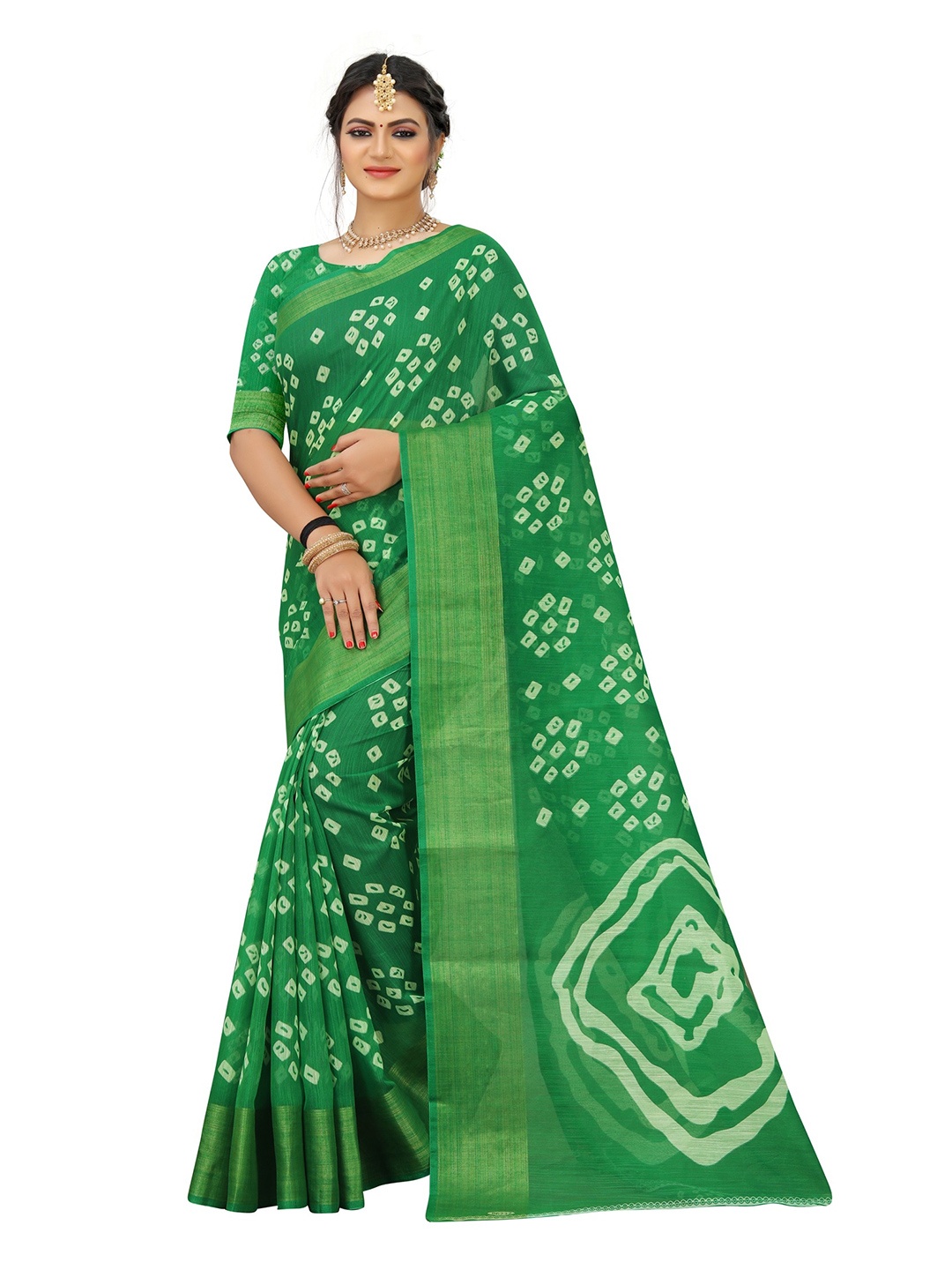 

KALINI Green & Gold-Toned Bandhani Zari Art Silk Half and Half Mysore Silk Saree