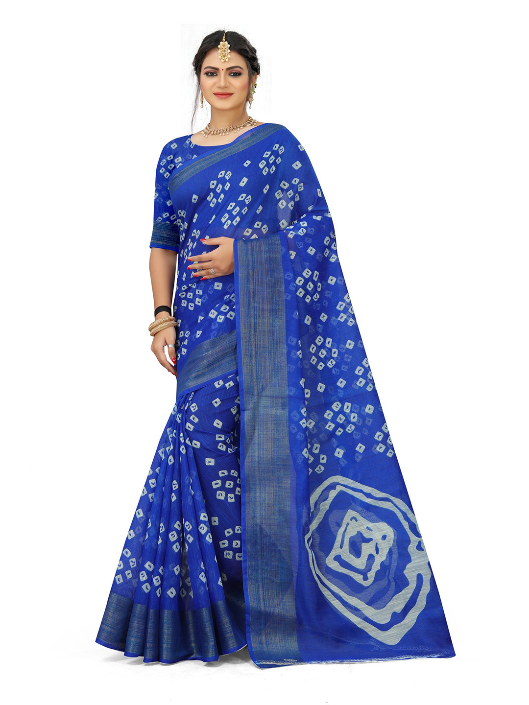 

KALINI Blue & White Bandhani Zari Art Silk Mysore Silk Saree