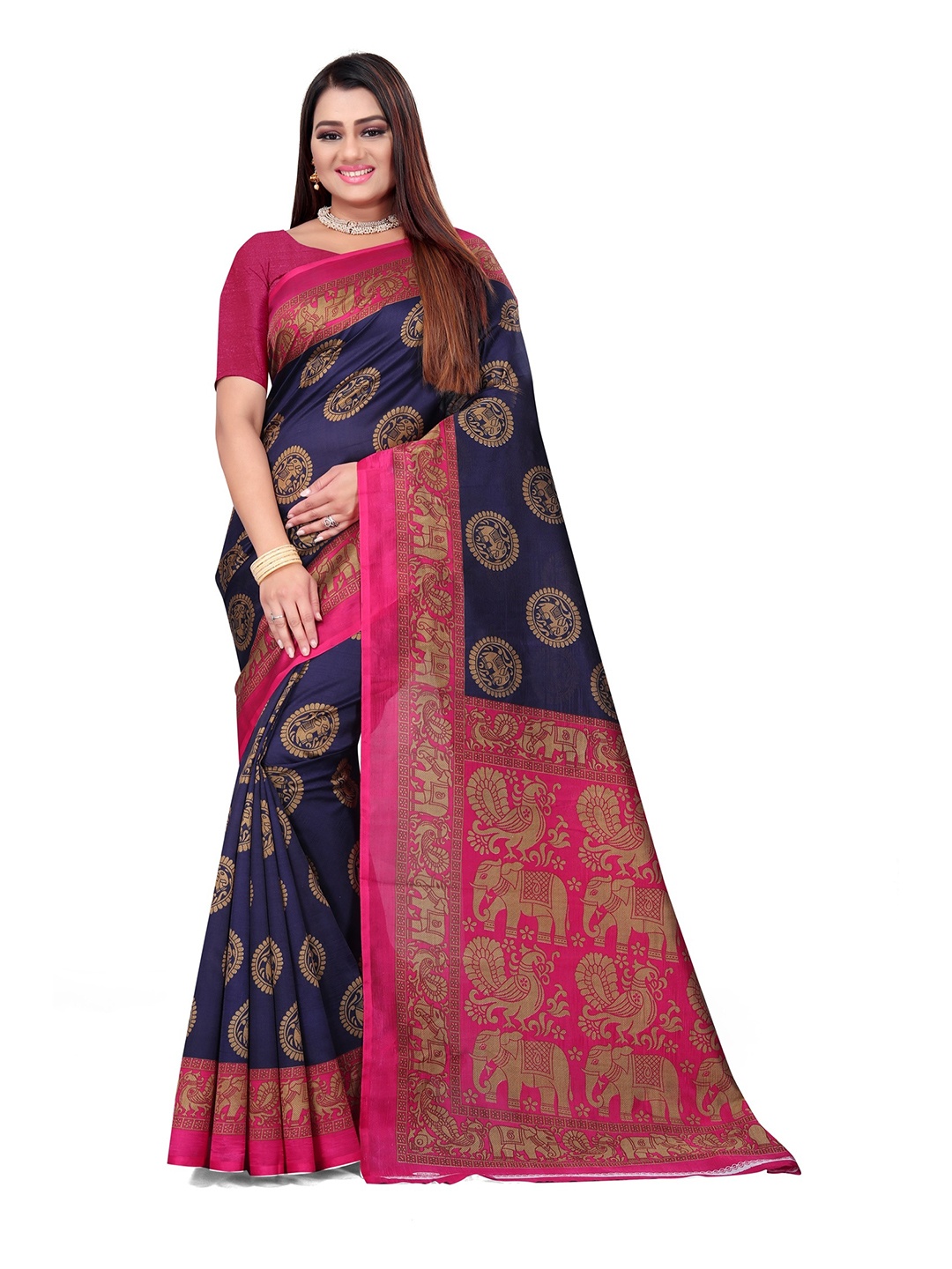 

KALINI Blue & Pink Ethnic Motifs Art Silk Mysore Silk Saree