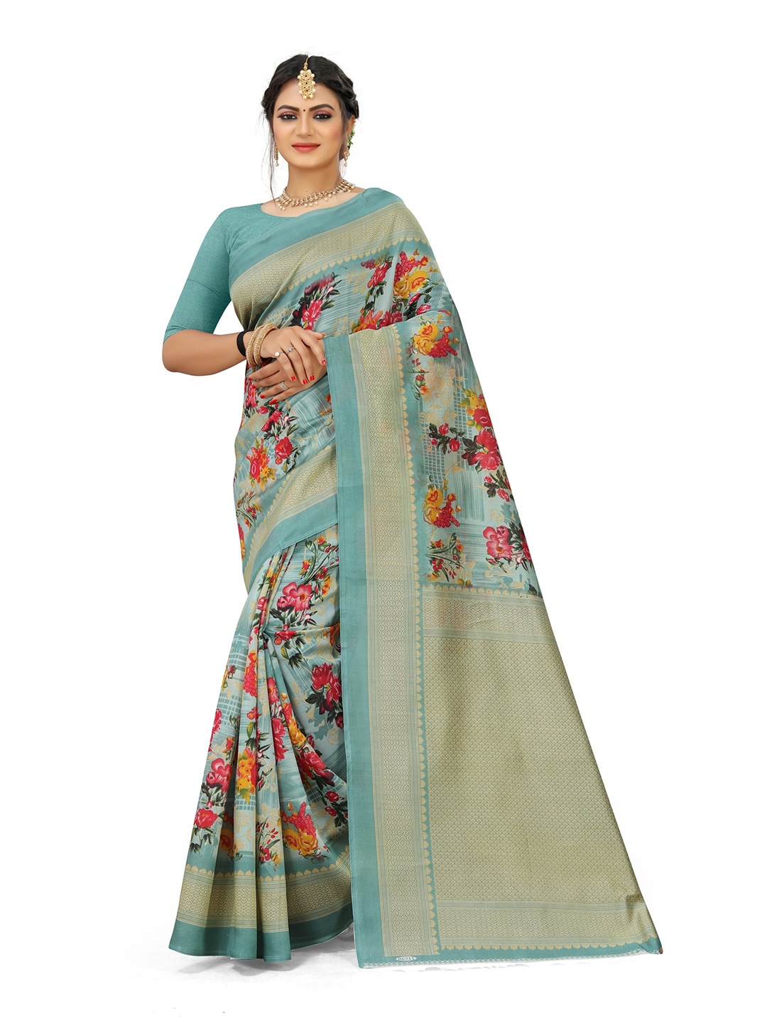 

KALINI Green & Gold-Toned Floral Art Silk Mysore Silk Saree