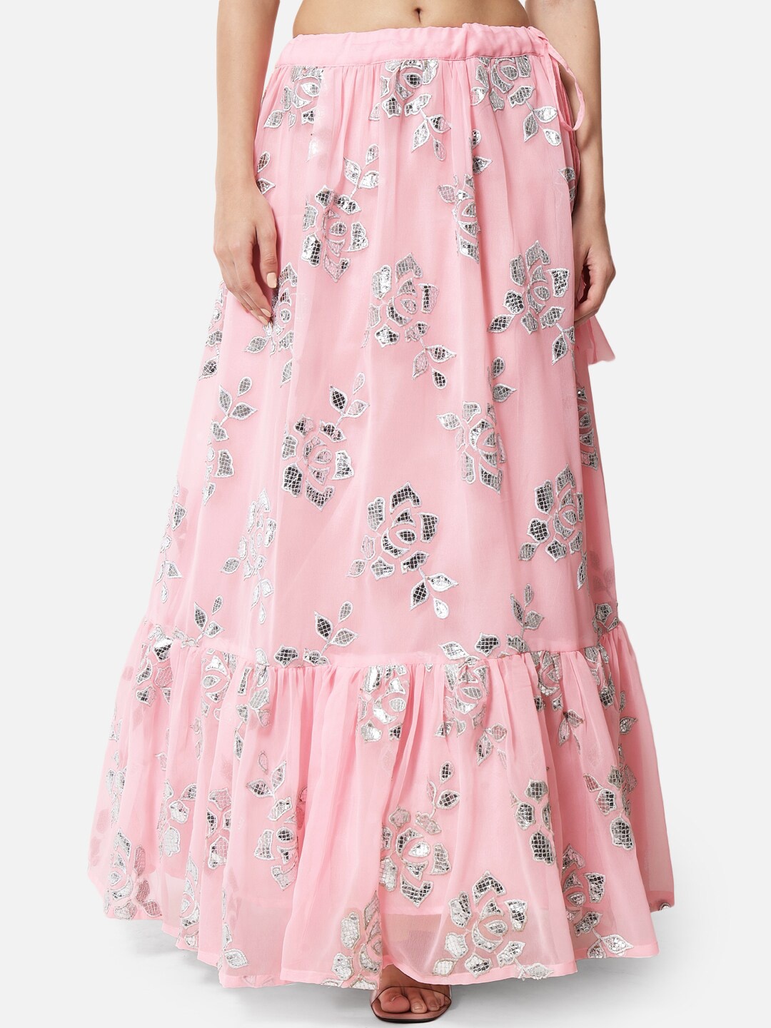 

studio rasa Pink & Silver-Toned Floral Embroidered Georgette Tiered Maxi Skirt