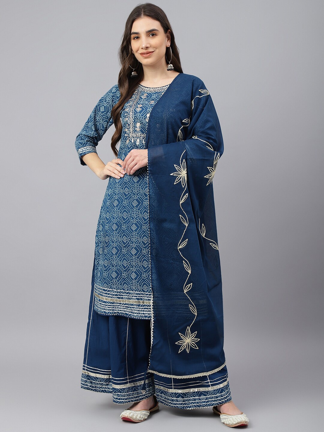 

EtnicaWear Women Blue Floral Embroidered Mirror Work Pure Cotton Kurta with Pyjamas & With Dupatta