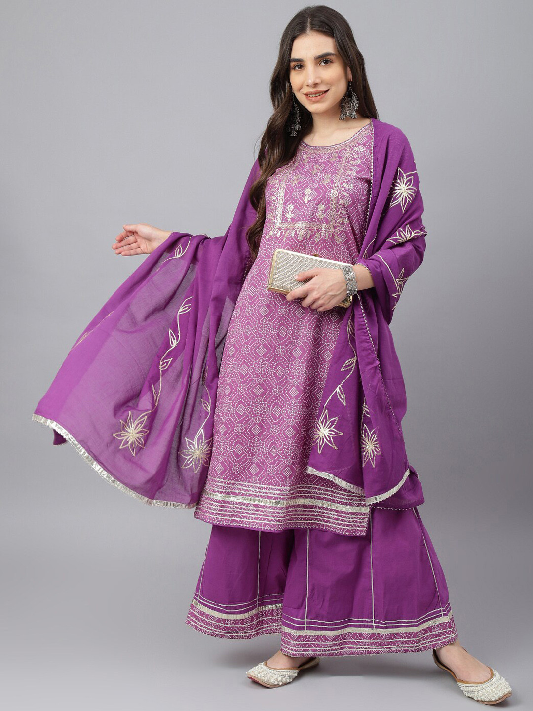 

EtnicaWear Women Purple Floral Embroidered Mirror Work Pure Cotton Kurta with Pyjamas & With Dupatta