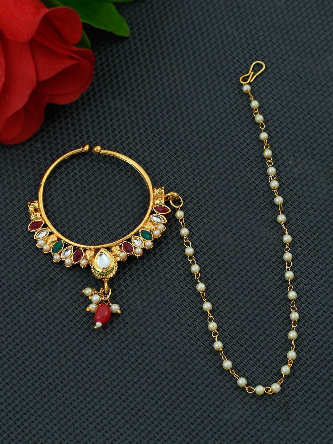 

Silvermerc Designs Gold-Plated & Red Kundan Nose Ring