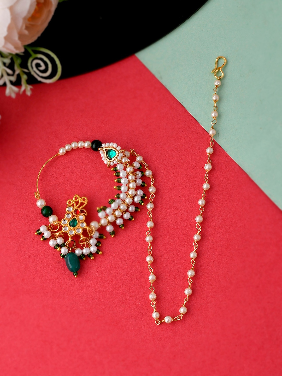 

Silvermerc Designs Gold-Plated & Green Pearls Nose Ring