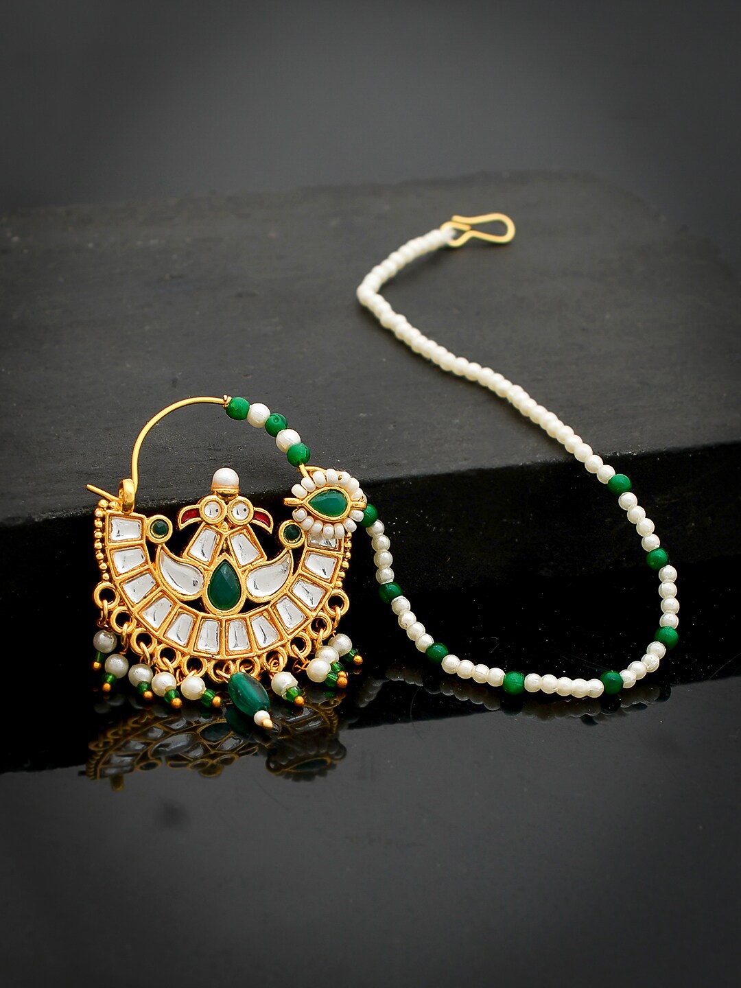 

Silvermerc Designs Gold-Plated & Green Kundan Nosering