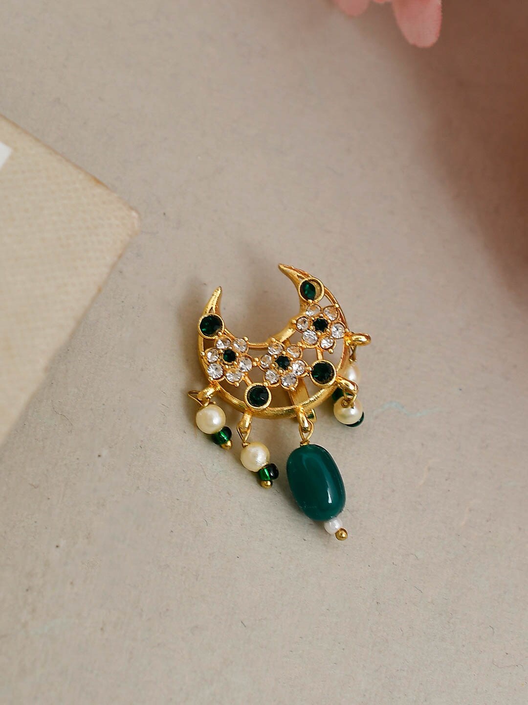 

Silvermerc Designs Gold-Plated & Green Meenakari Pearl Besar Nosepin