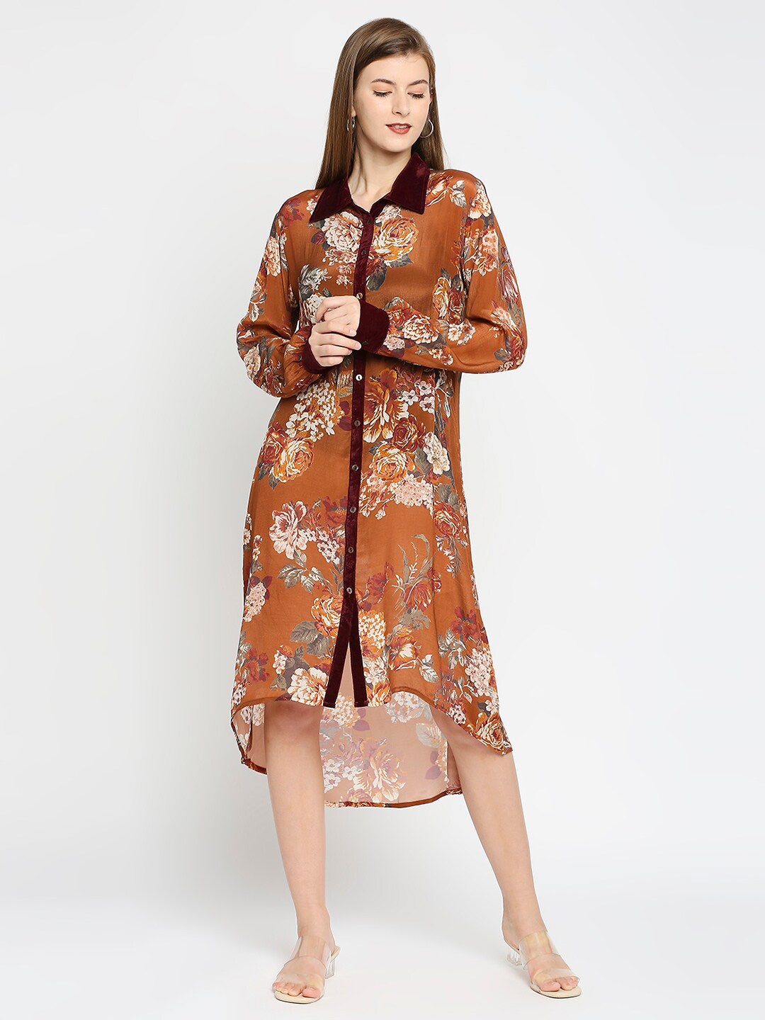 

Cloth Haus India Mustard Yellow & White Floral Shirt Midi Dress