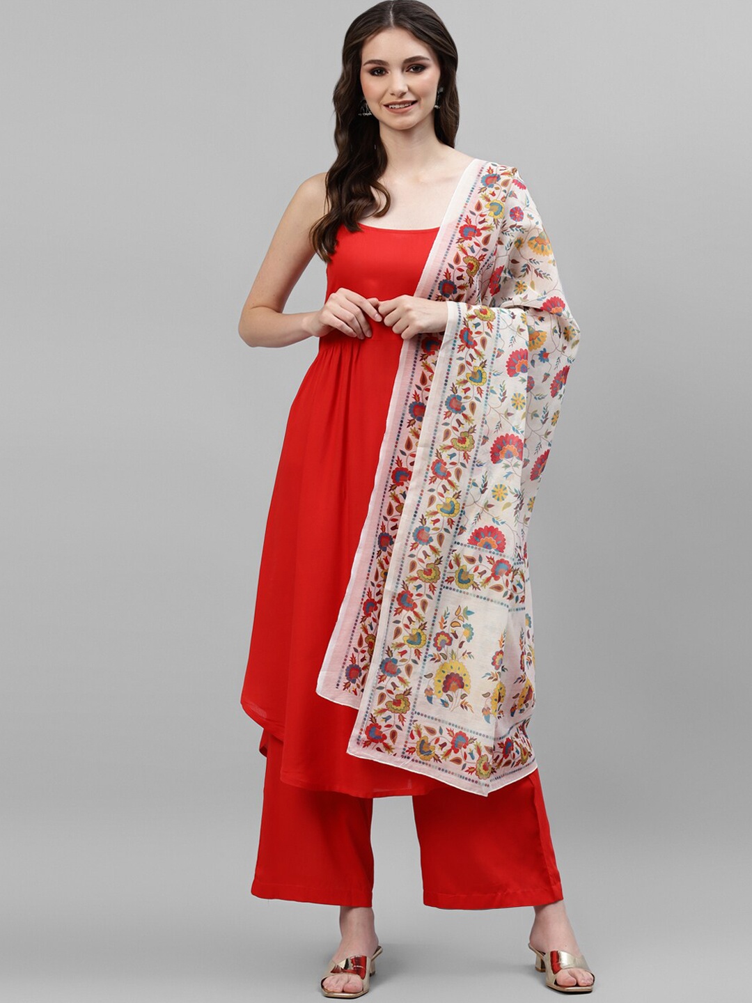 

DEEBACO Women Solid Shoulder Straps A-Line Kurta with Palazzos & With Printed Dupatta, Red