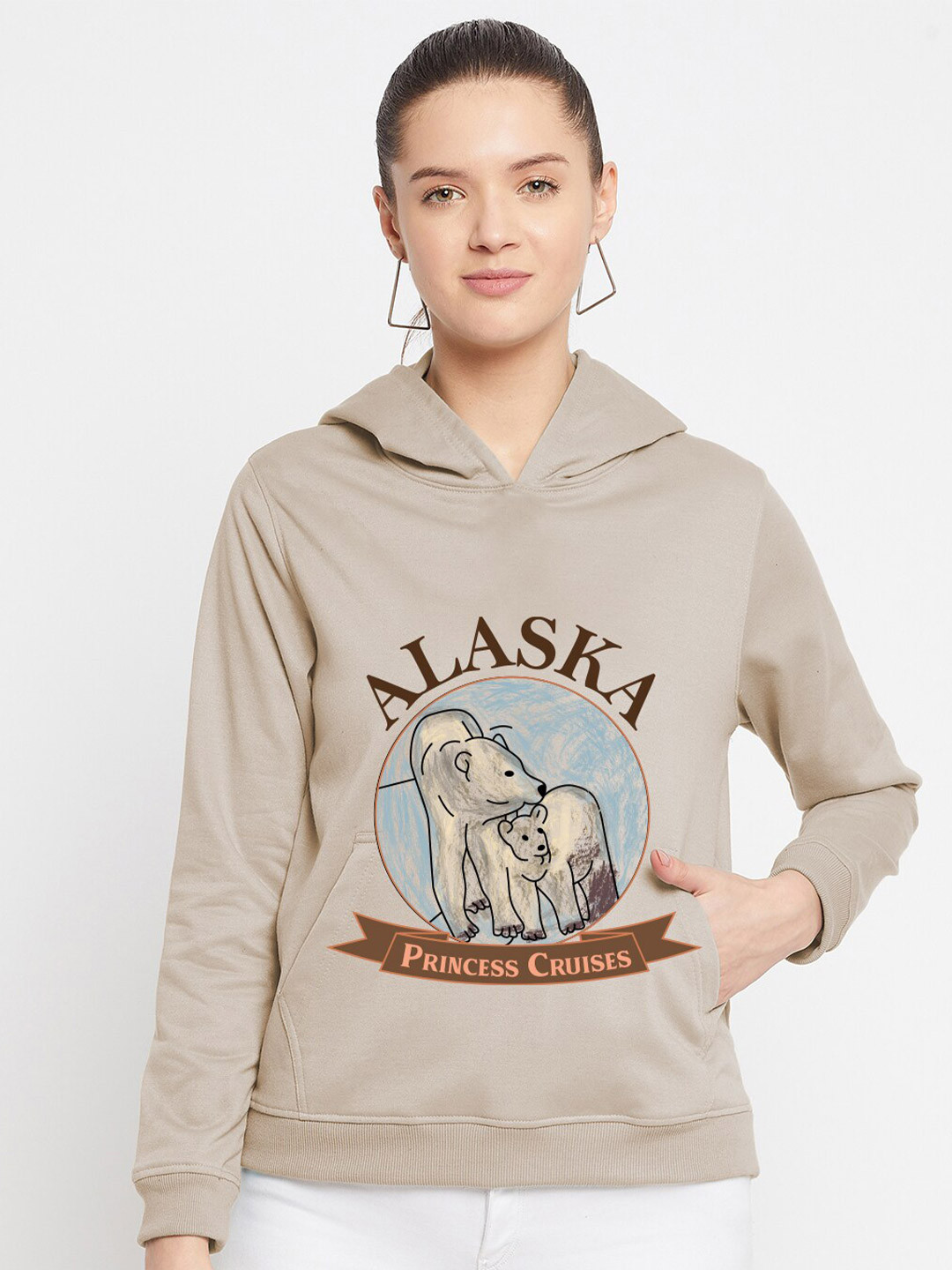 

FRENCH FLEXIOUS Women Beige Printed Hooded Sweatshirt