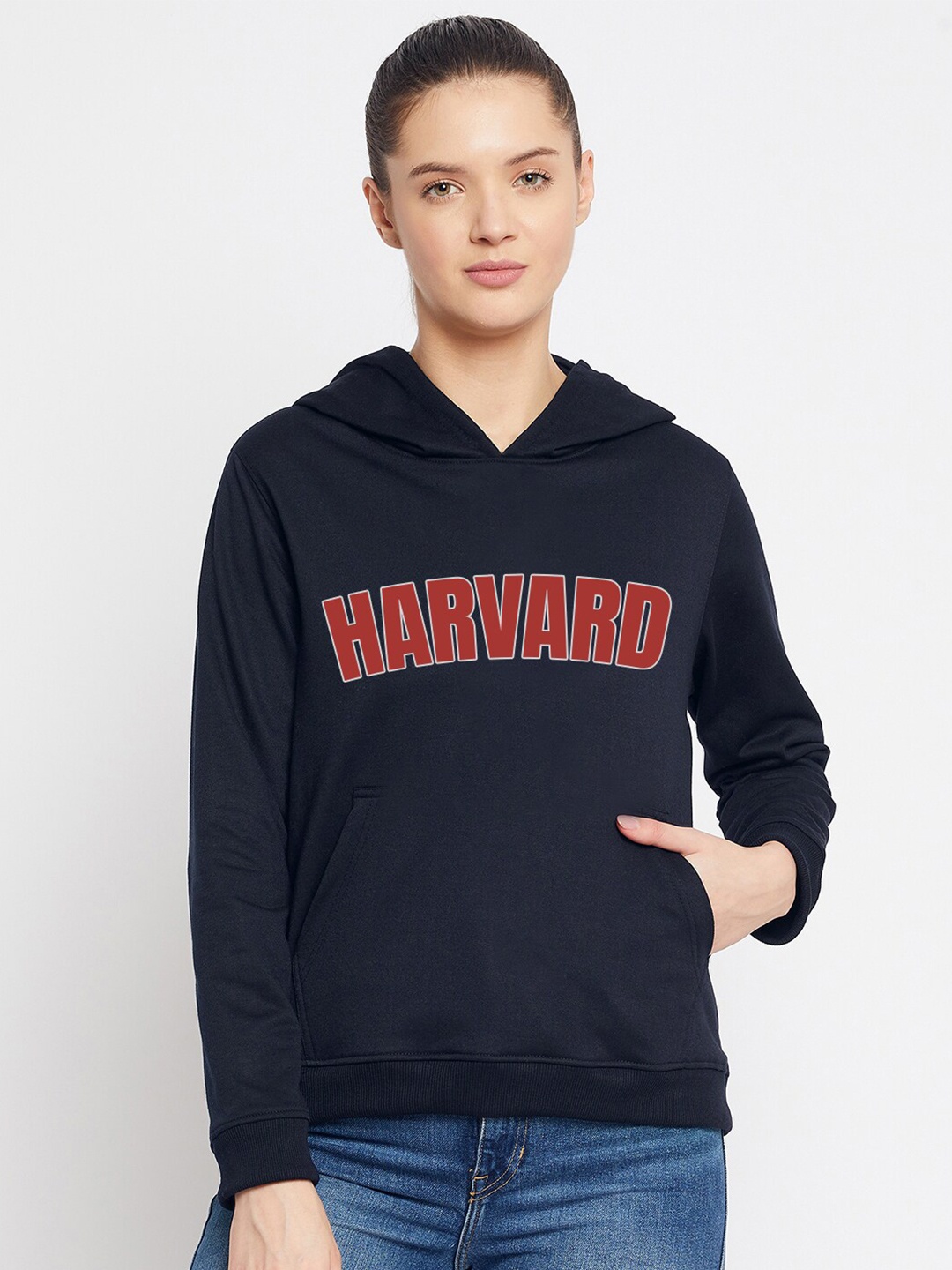 

FRENCH FLEXIOUS Women Navy Blue Printed Hooded Sweatshirt