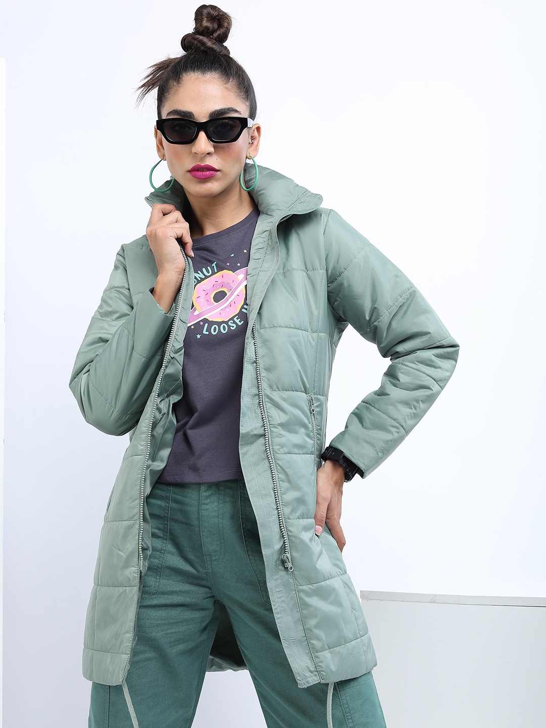 

Tokyo Talkies Women Green Longline Padded Jacket