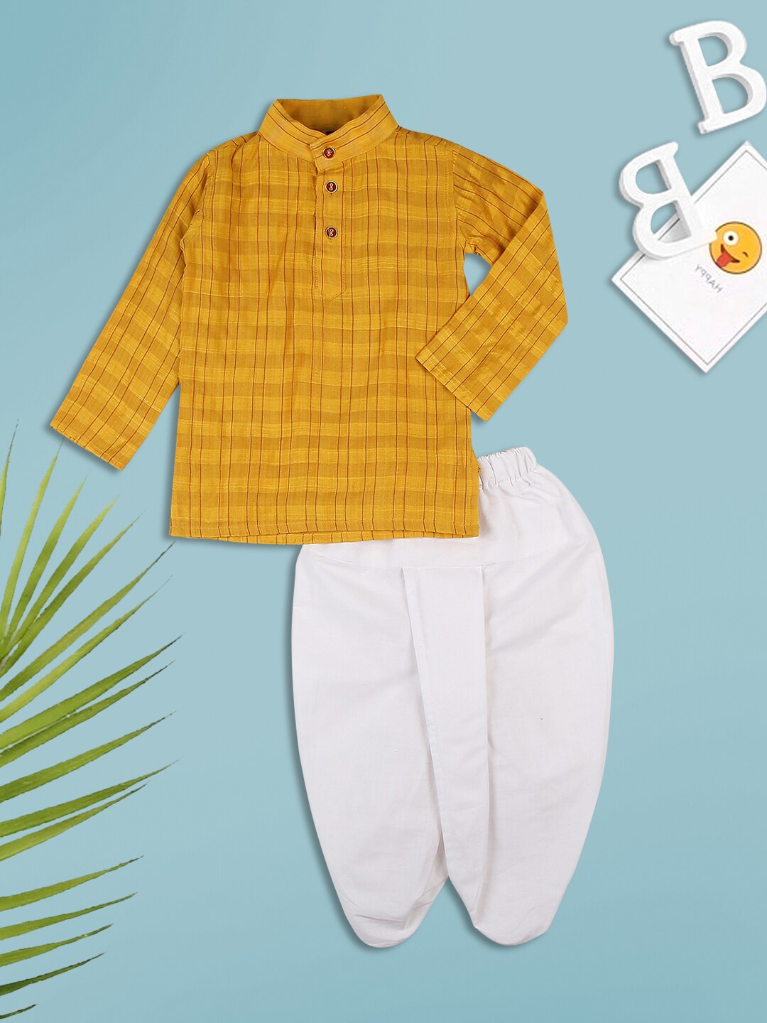 

MeeMee Boys Checked Mandarin Collar Kurta With Dhoti Pant, Yellow