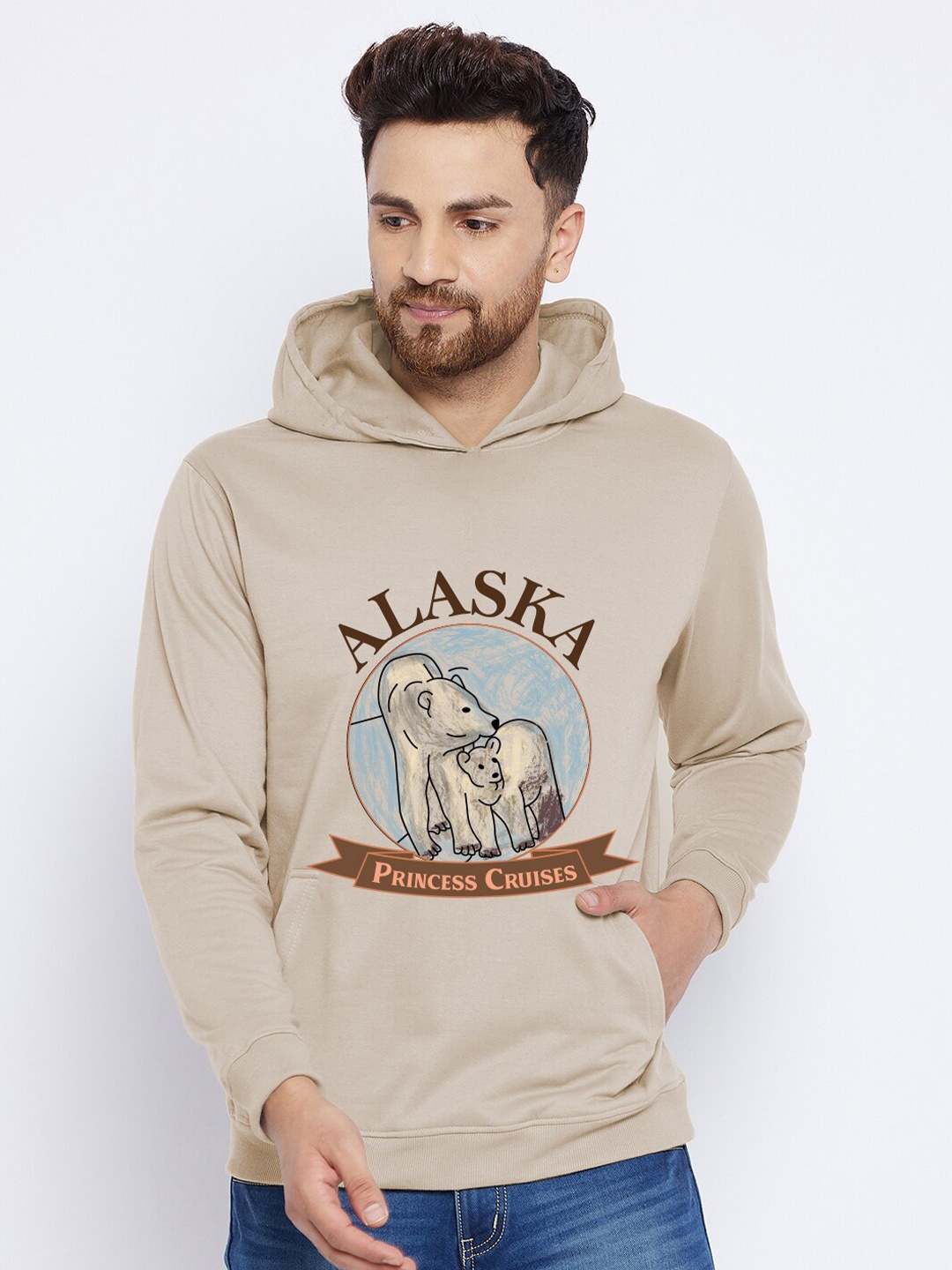 

FRENCH FLEXIOUS Men Beige Printed Hooded Sweatshirt