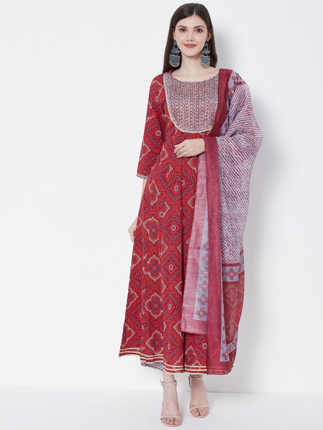 

HEEPOSH Women Maroon Bandhani Printed Pure Cotton Kurta with Palazzos & With Dupatta
