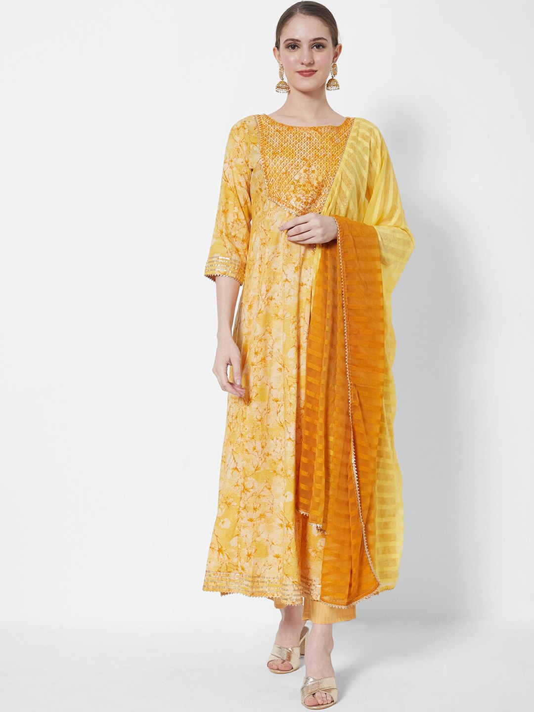 

HEEPOSH Women Yellow Floral Embroidered Pleated Thread Work Pure Cotton Kurta with Trousers & With Dupatta
