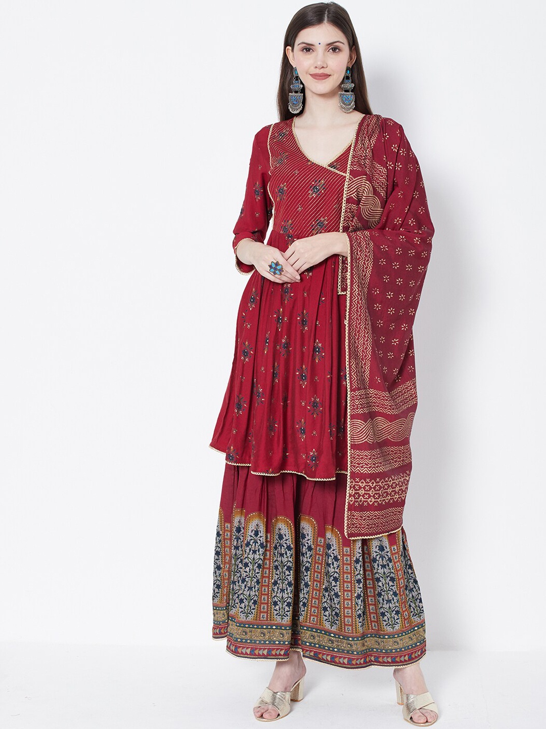 

HEEPOSH Women Maroon Floral Chanderi Silk Kurta with Sharara & With Dupatta