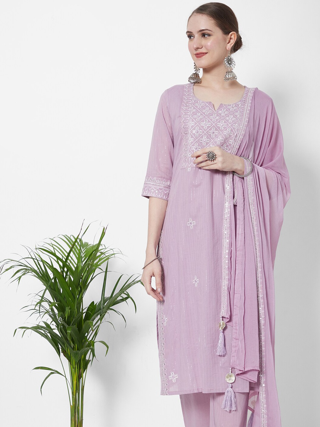 

HEEPOSH Women Pink Embroidered Thread Work Pure Cotton Kurta with Trousers & With Dupatta