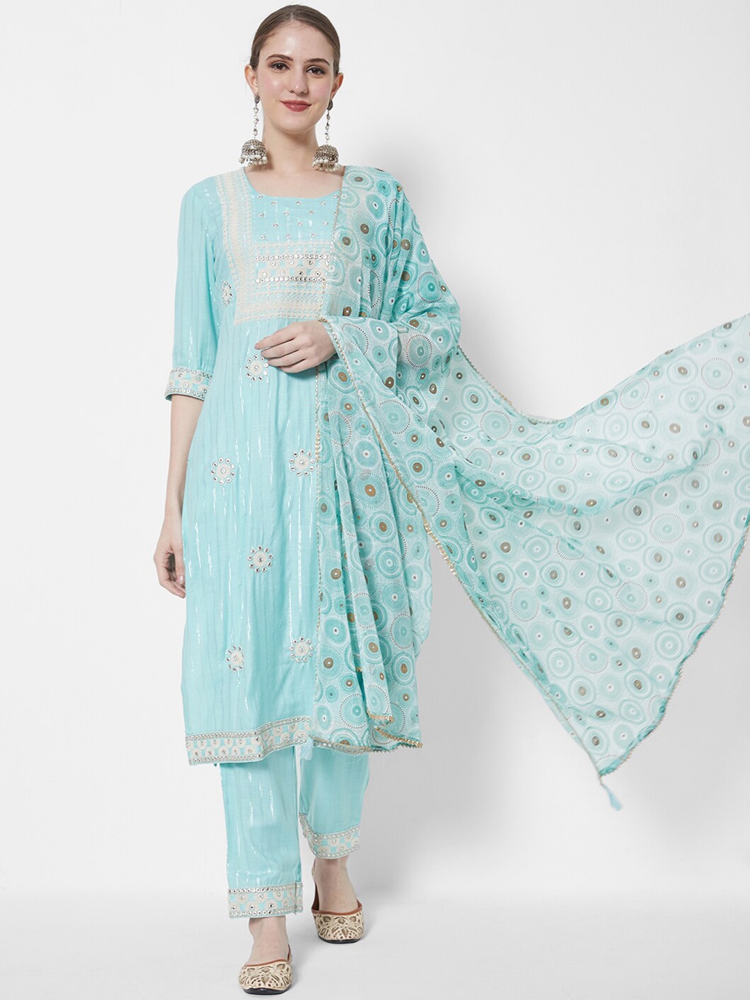 

HEEPOSH Women Turquoise Blue Ethnic Motifs Embroidered Thread Work Kurta with Trousers & With Dupatta