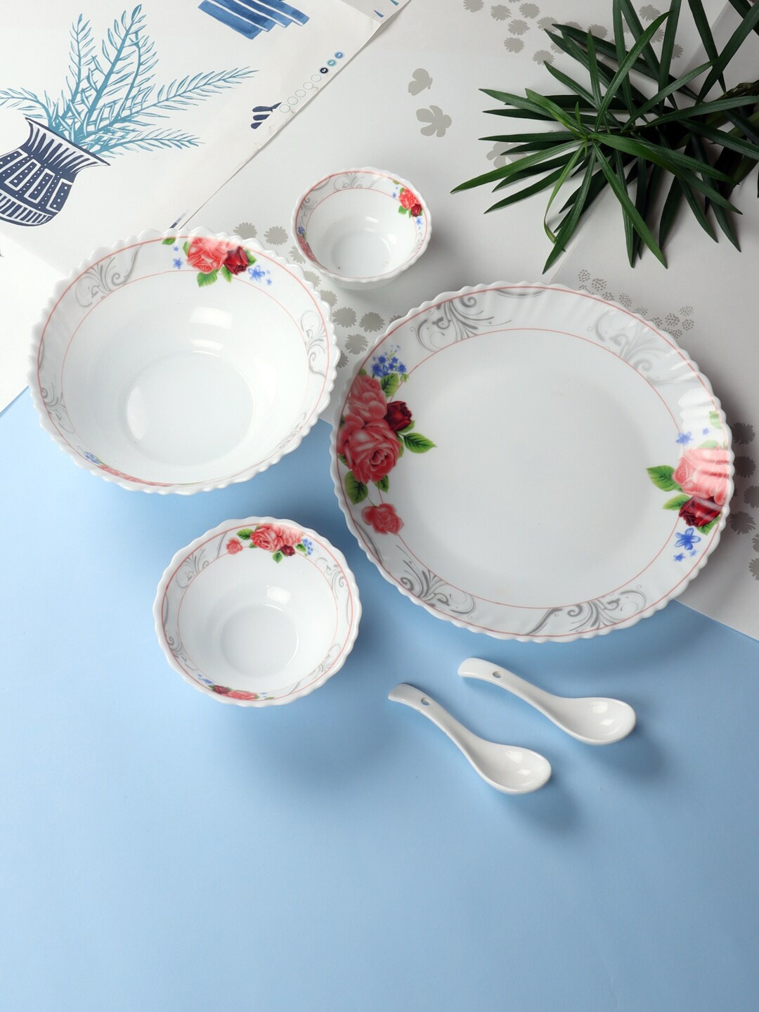 

ceradeco White 17 Pieces Dishwasher & Microwave safe Printed Glass Glossy Dinner Set