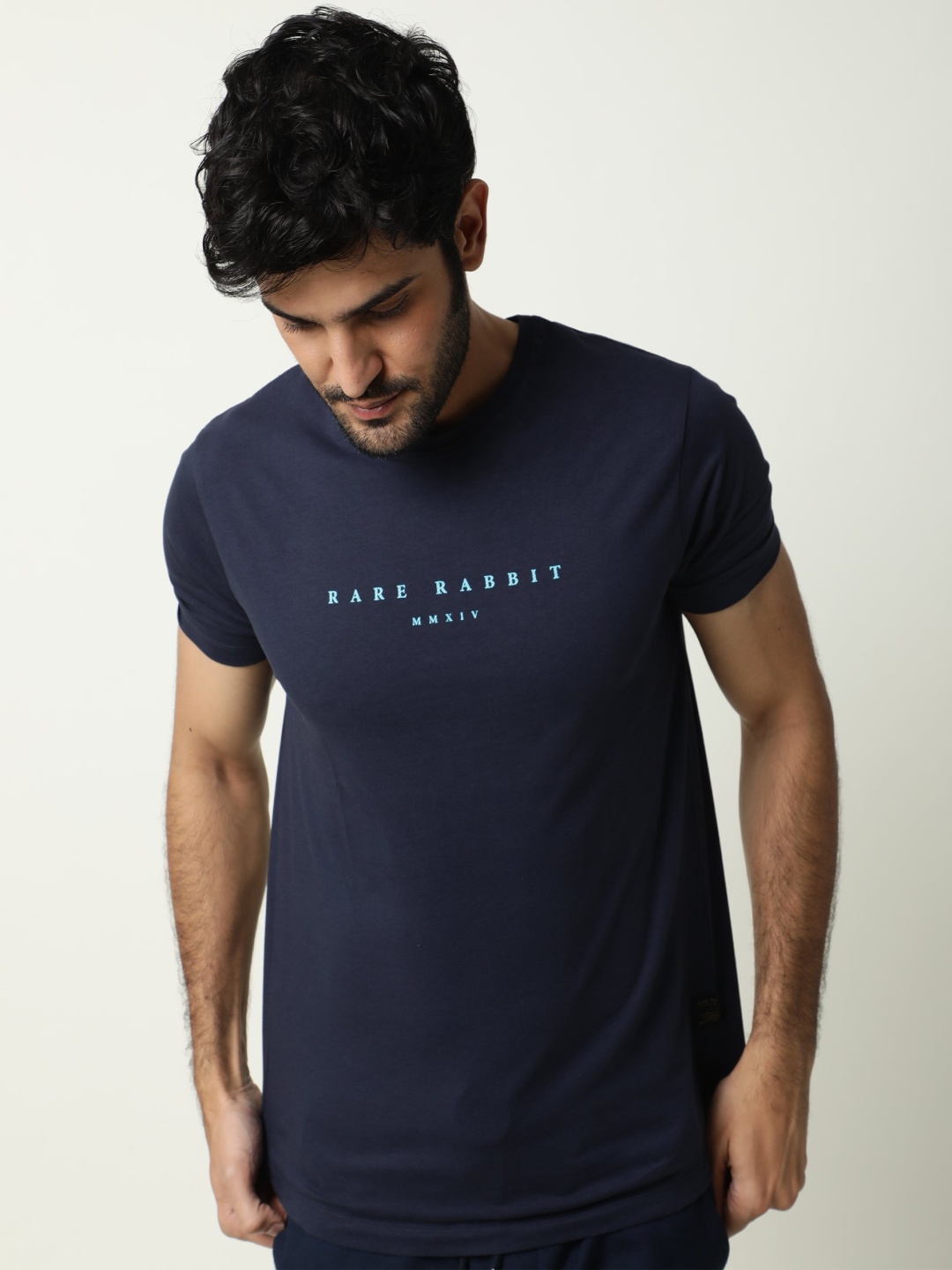 

RARE RABBIT Men Jewel Brand Logo Printed Slim Fit T-Shirt, Navy blue