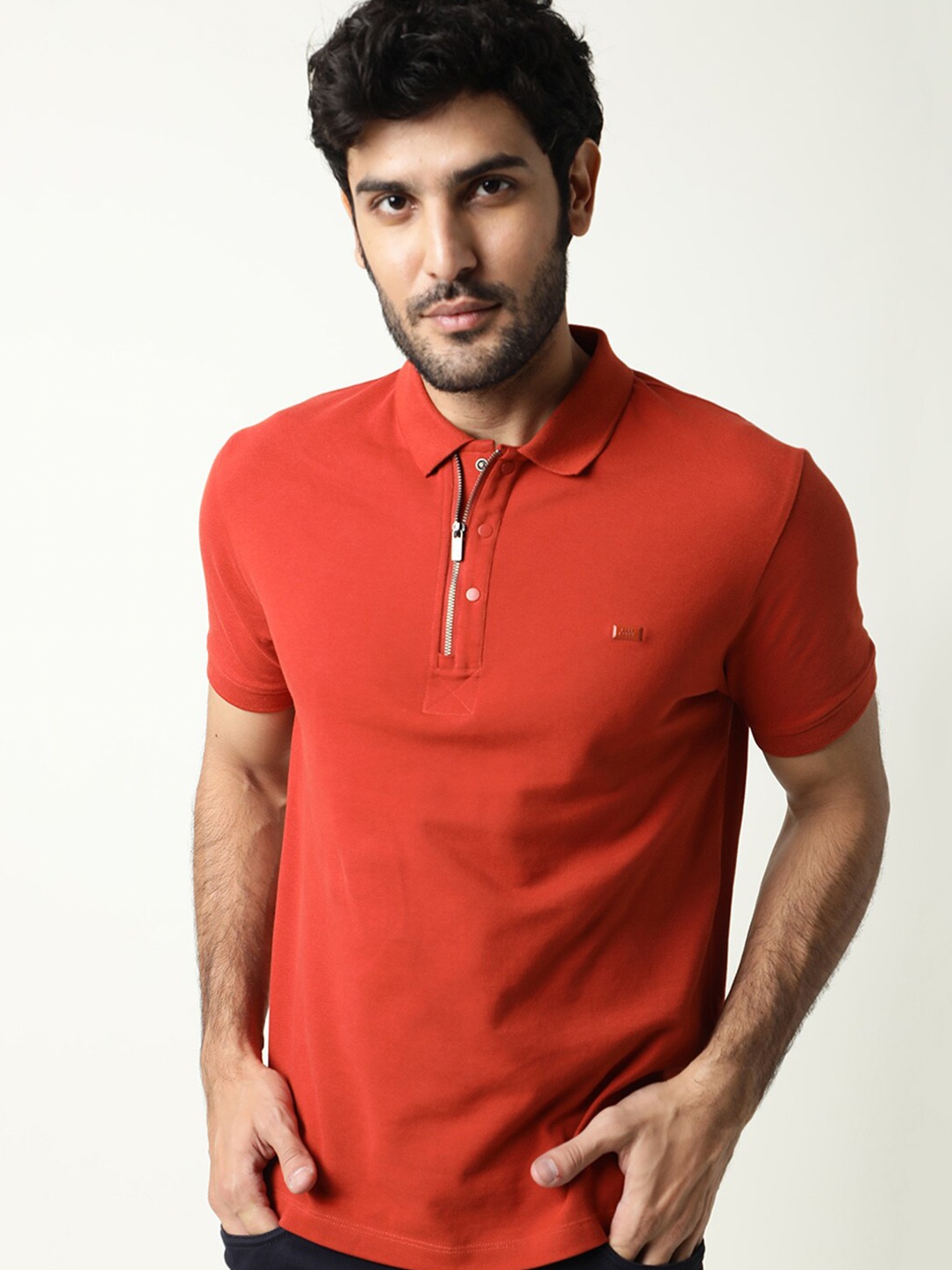 

RARE RABBIT Men Rings-4 Slim Fit Solid Polo Collar T-Shirt, Orange