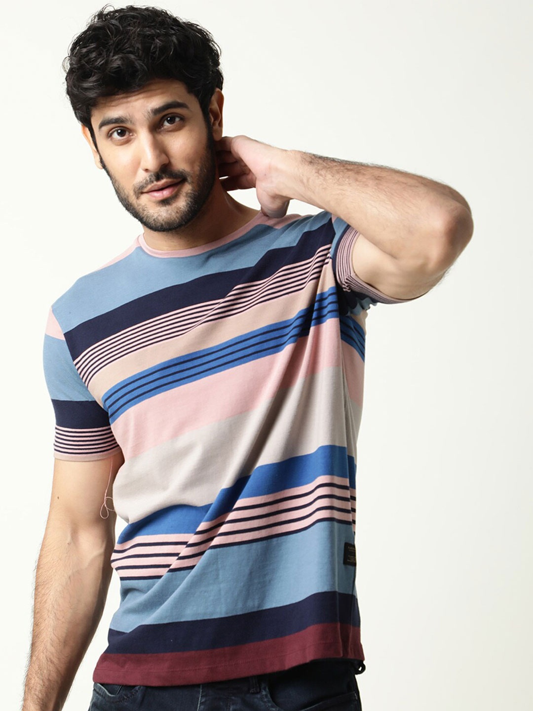

RARE RABBIT Men Baker -Coloustriped Slim Fit T-Shirt, Blue