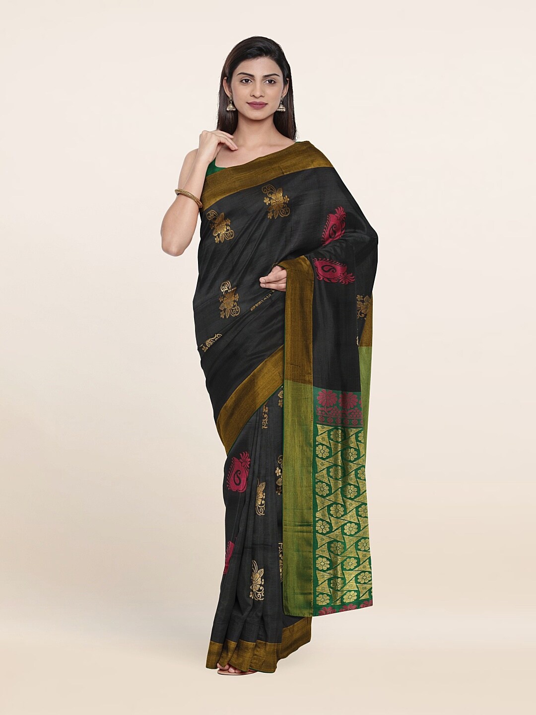 

Pothys Charcoal & Green Ethnic Motifs Zari Pure Silk Saree