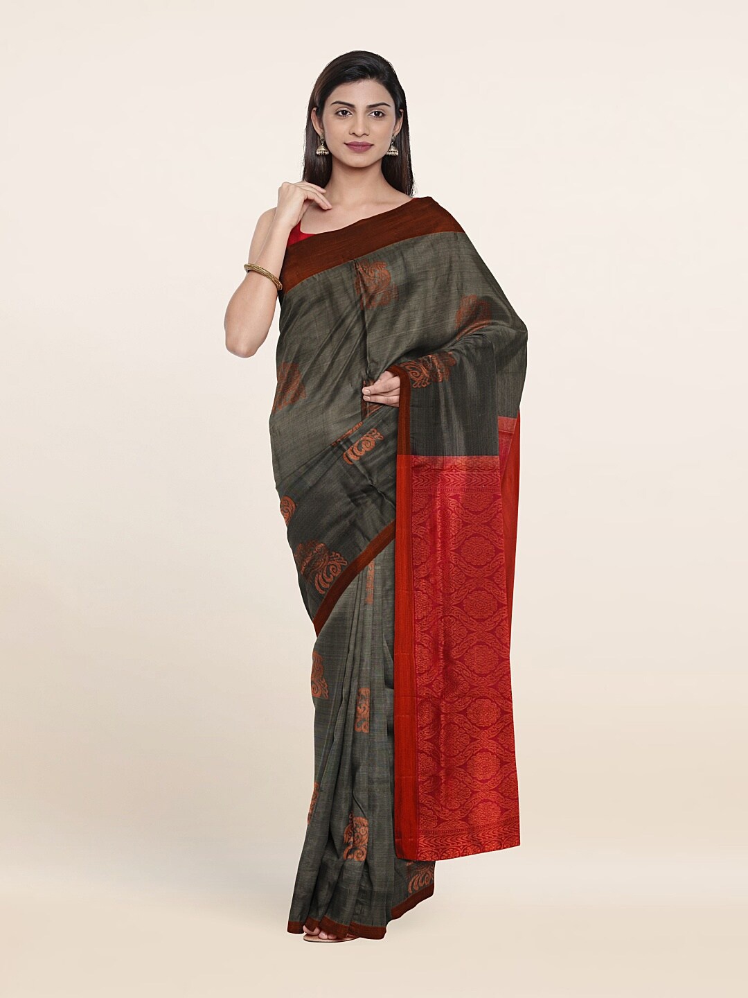 

Pothys Grey & Red Ethnic Motifs Zari Pure Silk Saree