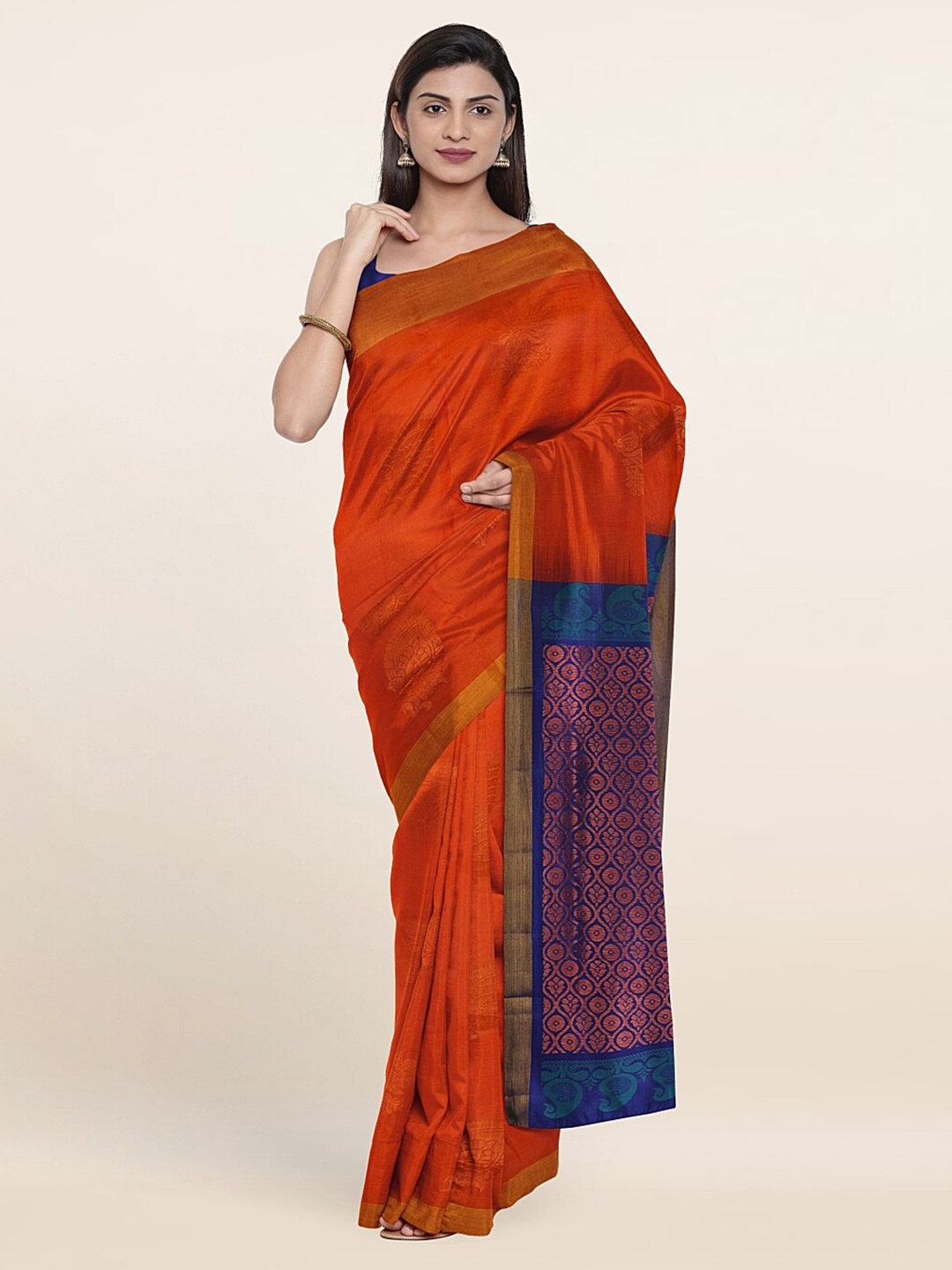 

Pothys Orange & Blue Woven Design Zari Pure Silk Saree