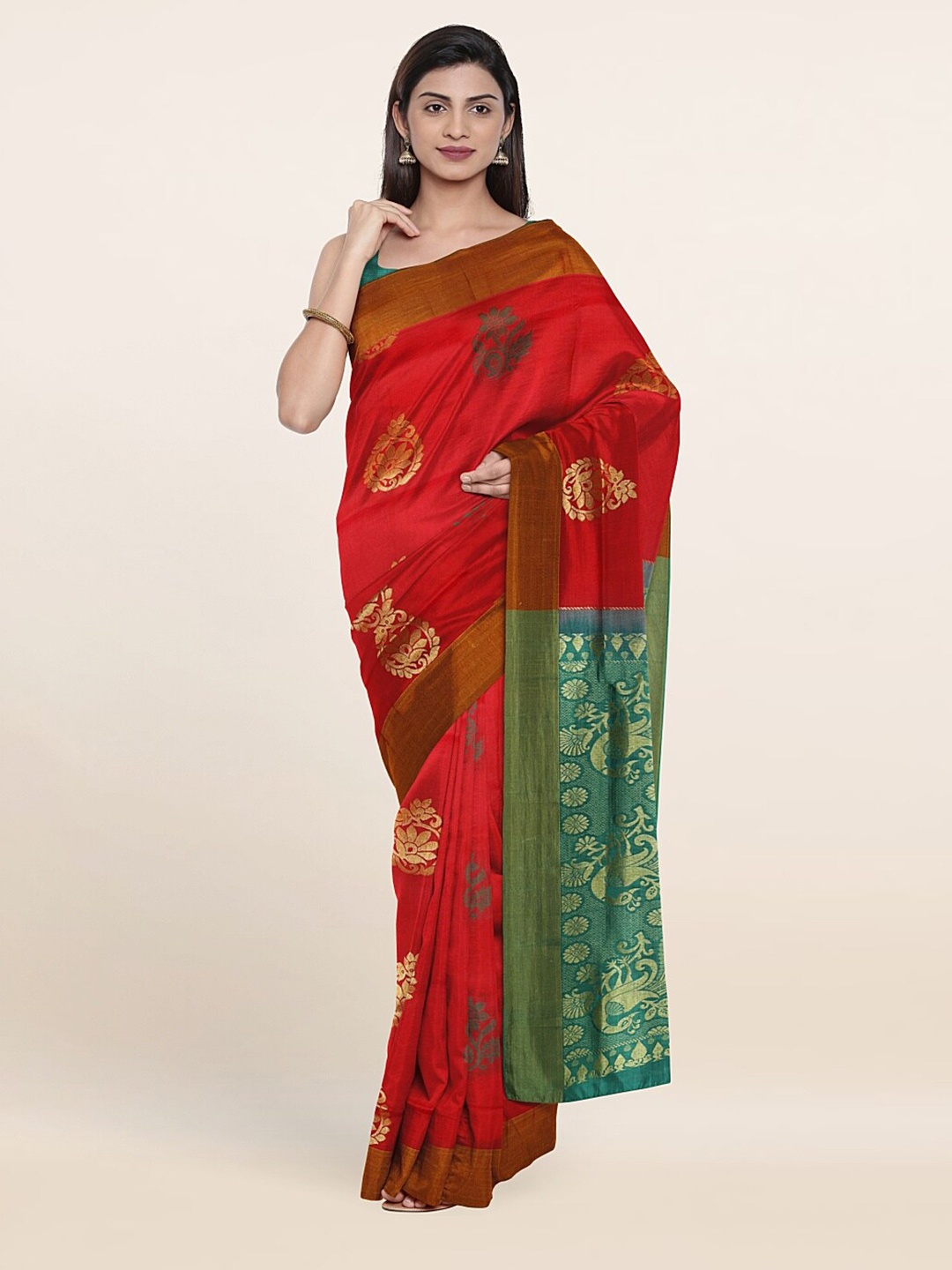 

Pothys Red & Green Ethnic Motifs Zari Pure Silk Saree